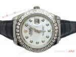 Clone Rolex Datejust White MOP Face Diamond Bezel Black Leather Band Watch